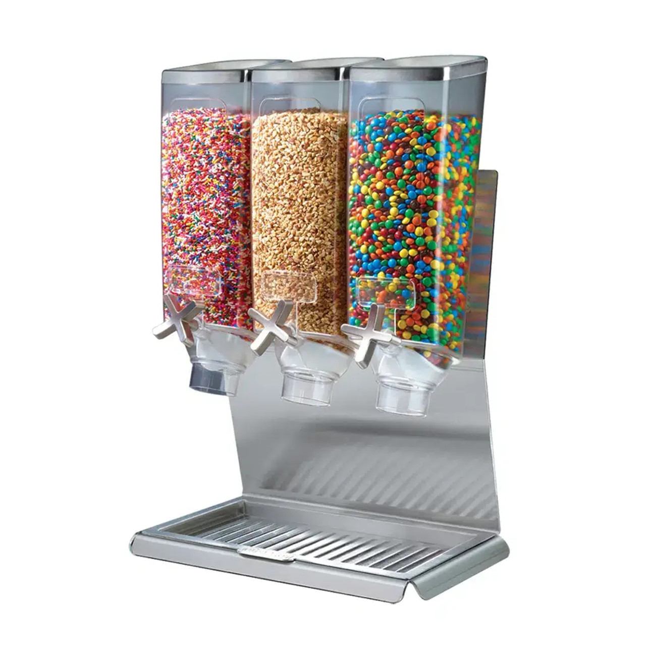 Rosseto EZ-PRO SS Stand 3.8 Liter Triple Canister Snack/Cereal Dispenser - Efficient Dispensing, Stainless Steel Catch Tray