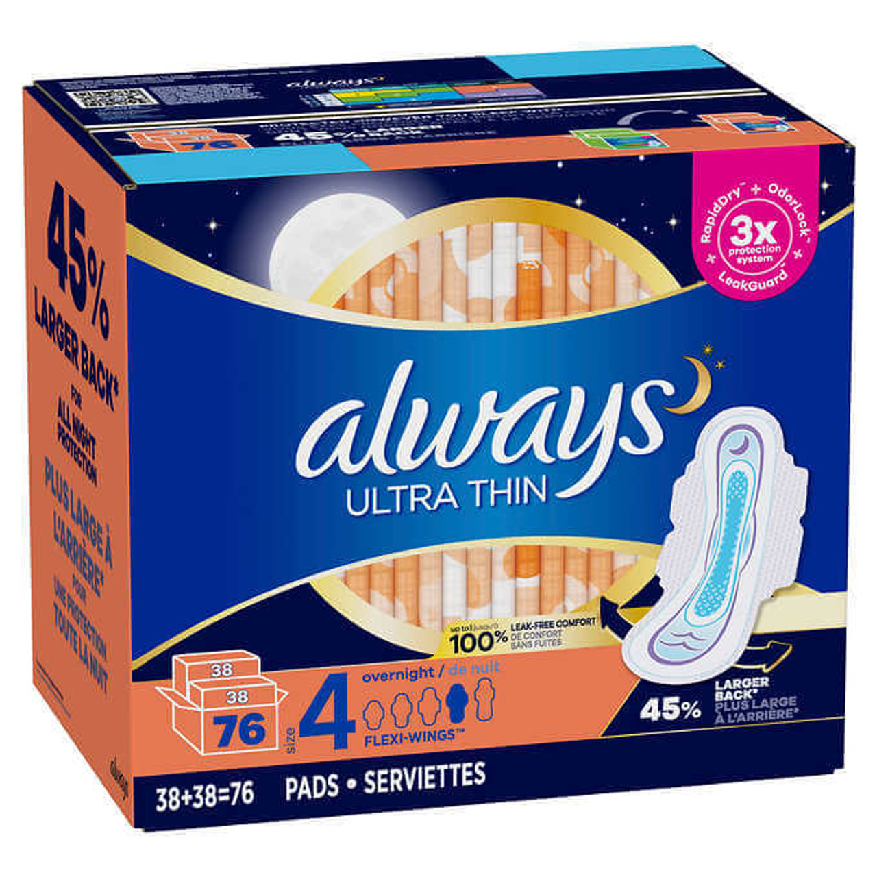 Always Ultra Thin Overnight Pads 76 Count, Unscented (8/CASE)