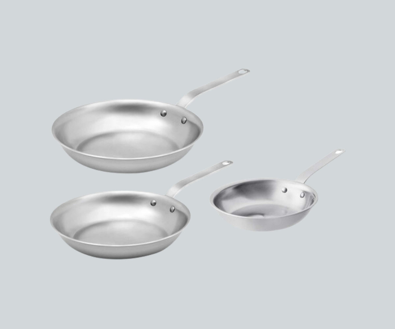 Vollrath Tribute 3-Piece 8", 10", and 12" Stainless Steel Fry Pan Set-Chicken Pieces