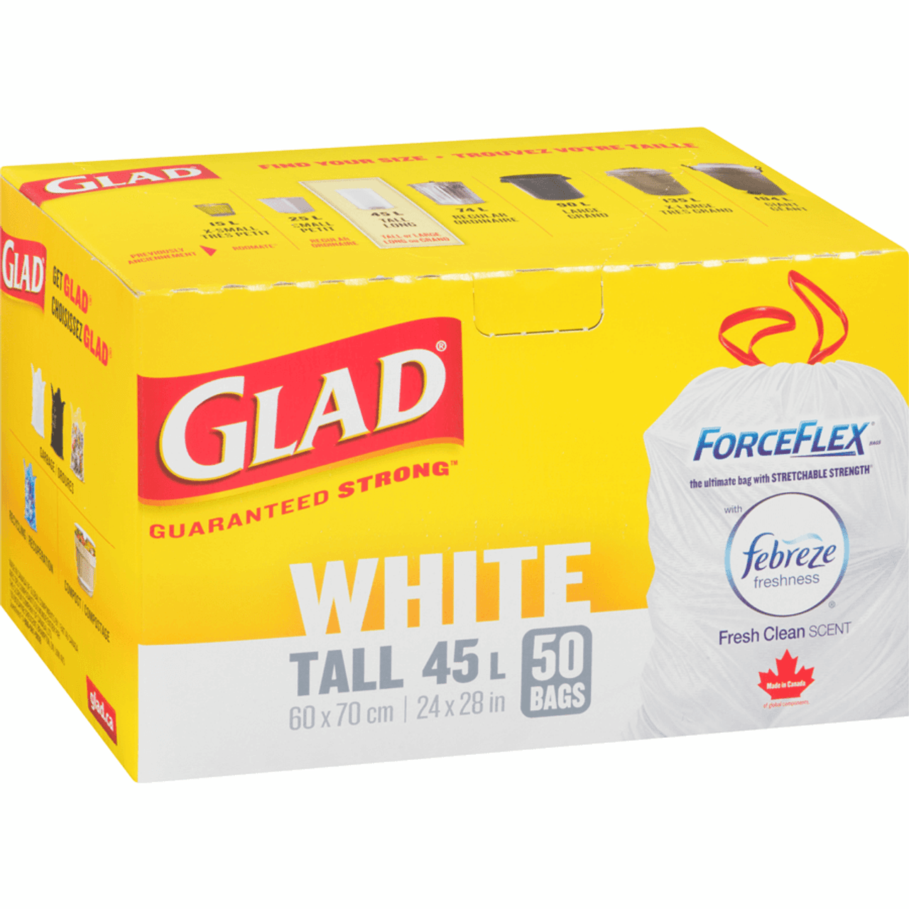 GLAD White Tall 45 Litres Garbage Bags Febreze Fresh, 50 Bags(8/Case)-Chicken Pieces