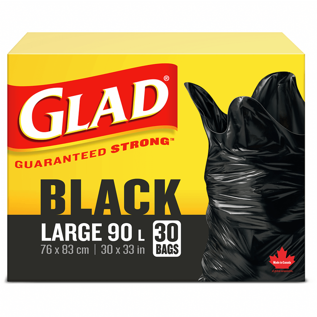 Glad Black Garbage Bags - Large 90 Litres, 30 Bags(8/Case)