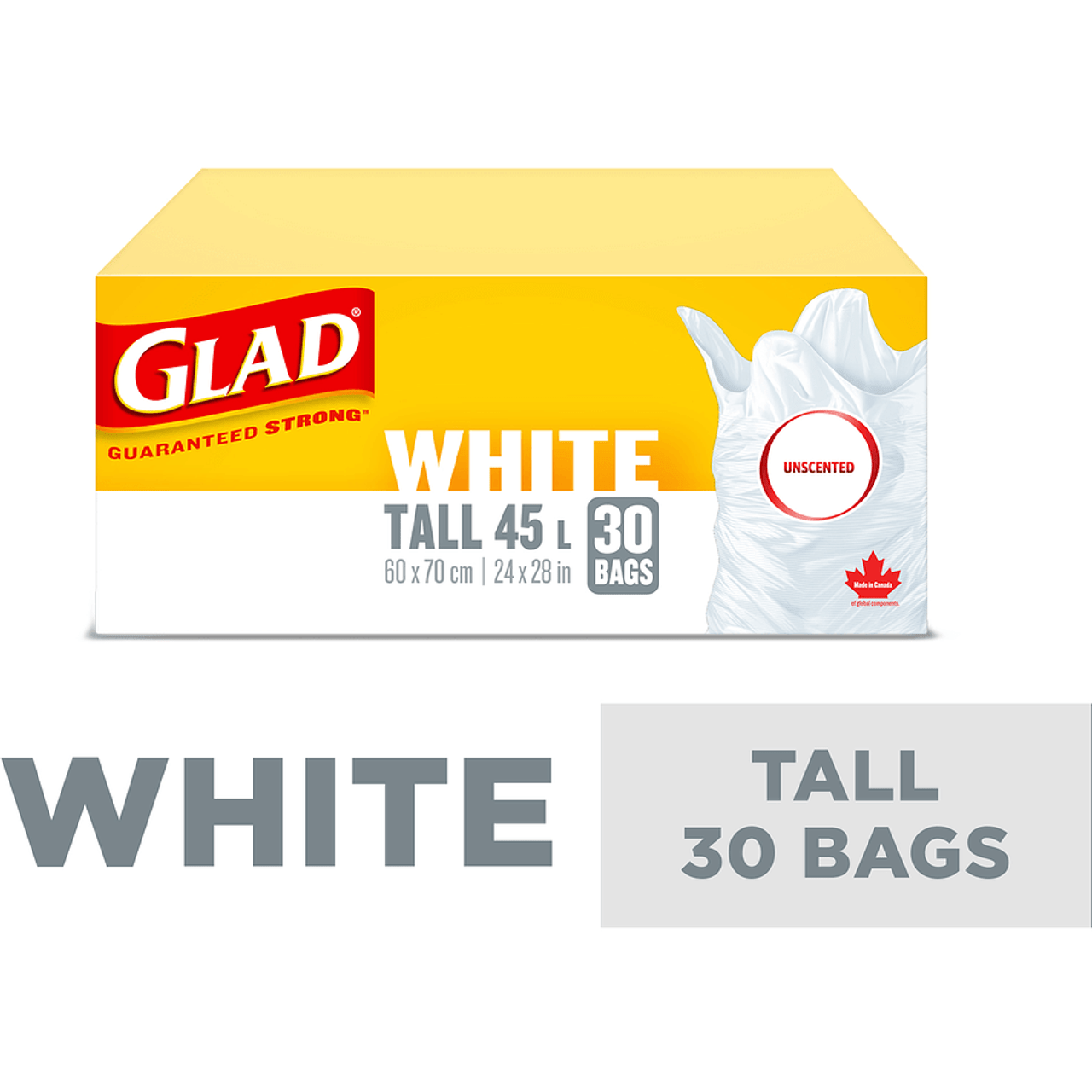 GLAD White Garbage Bags Unscented, 30 Bags Tall 45 Litres(8/Case)-Chicken Pieces