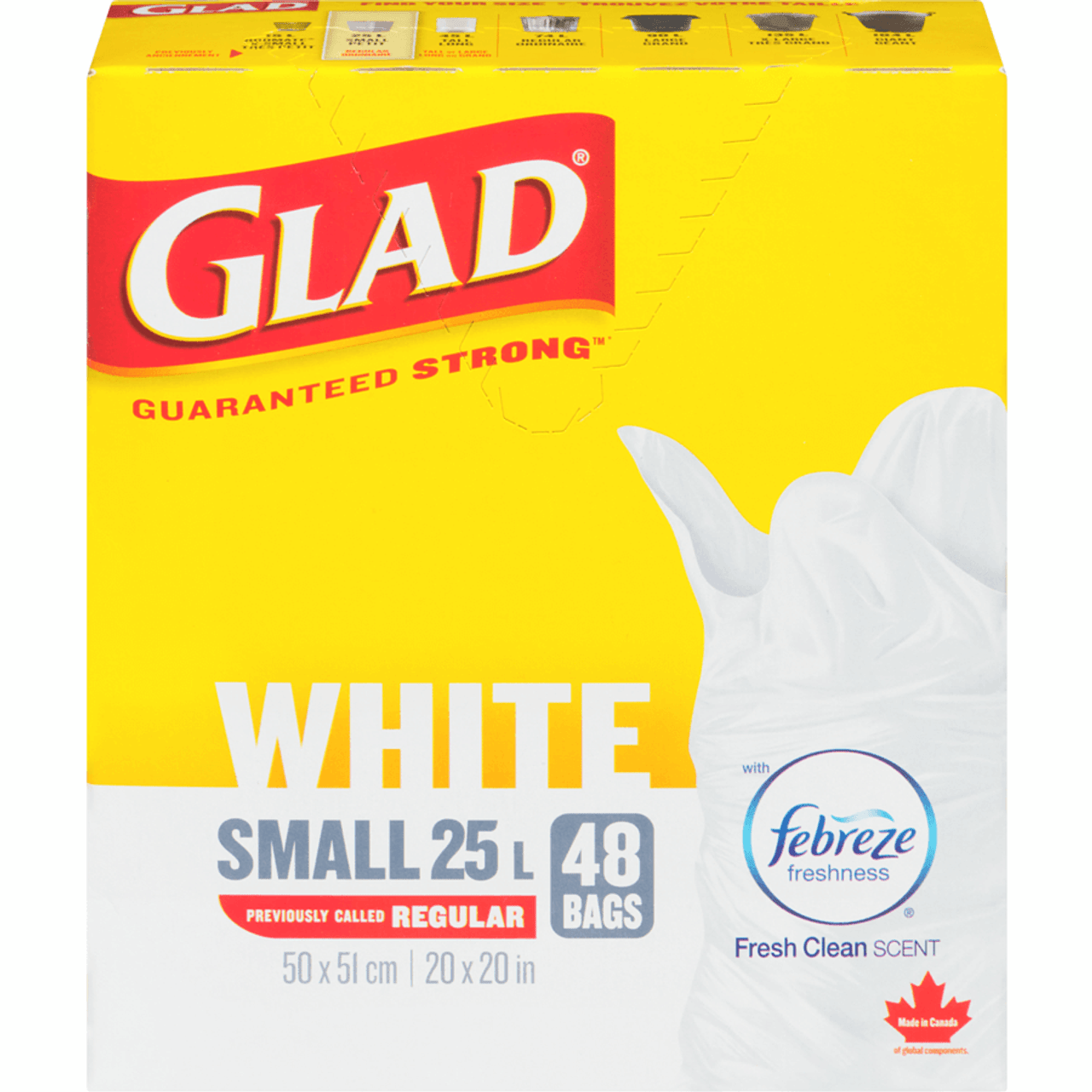 GLAD Small White Garbage Bags Febreze Fresh - 25 Litres(8/Case)-Chicken Pieces