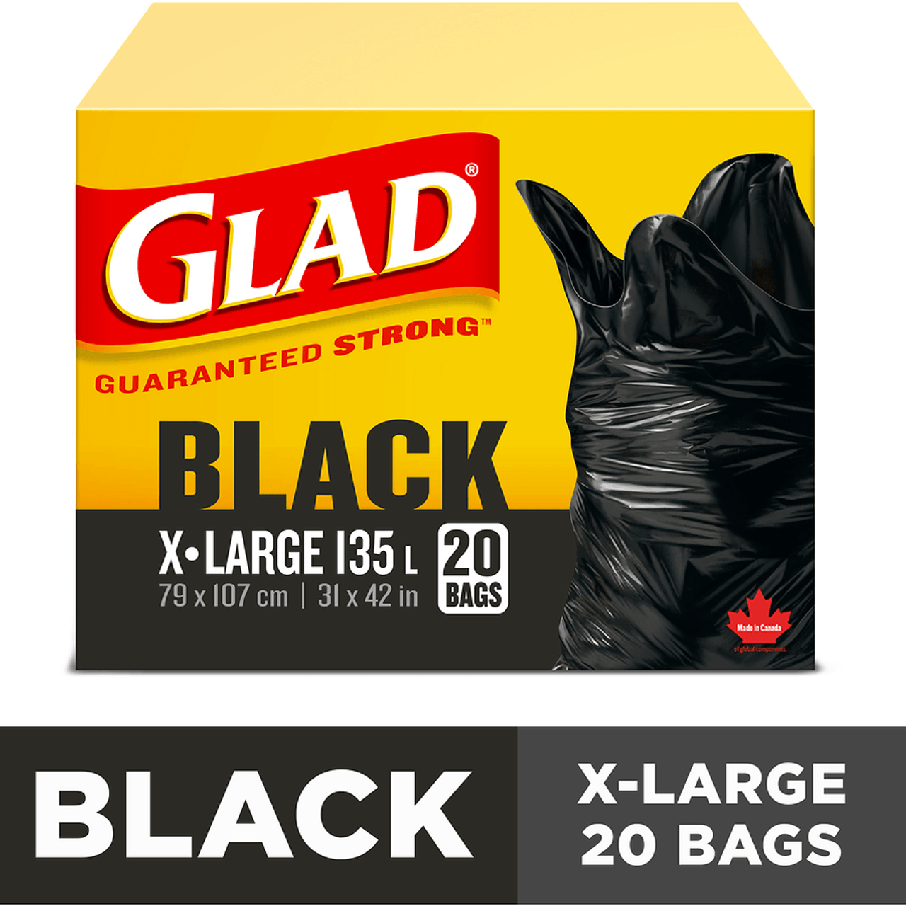 GLAD Black Extra-Large Garbage Bags - 135 Litres, 20 Bags(8/Case)-Chicken Pieces