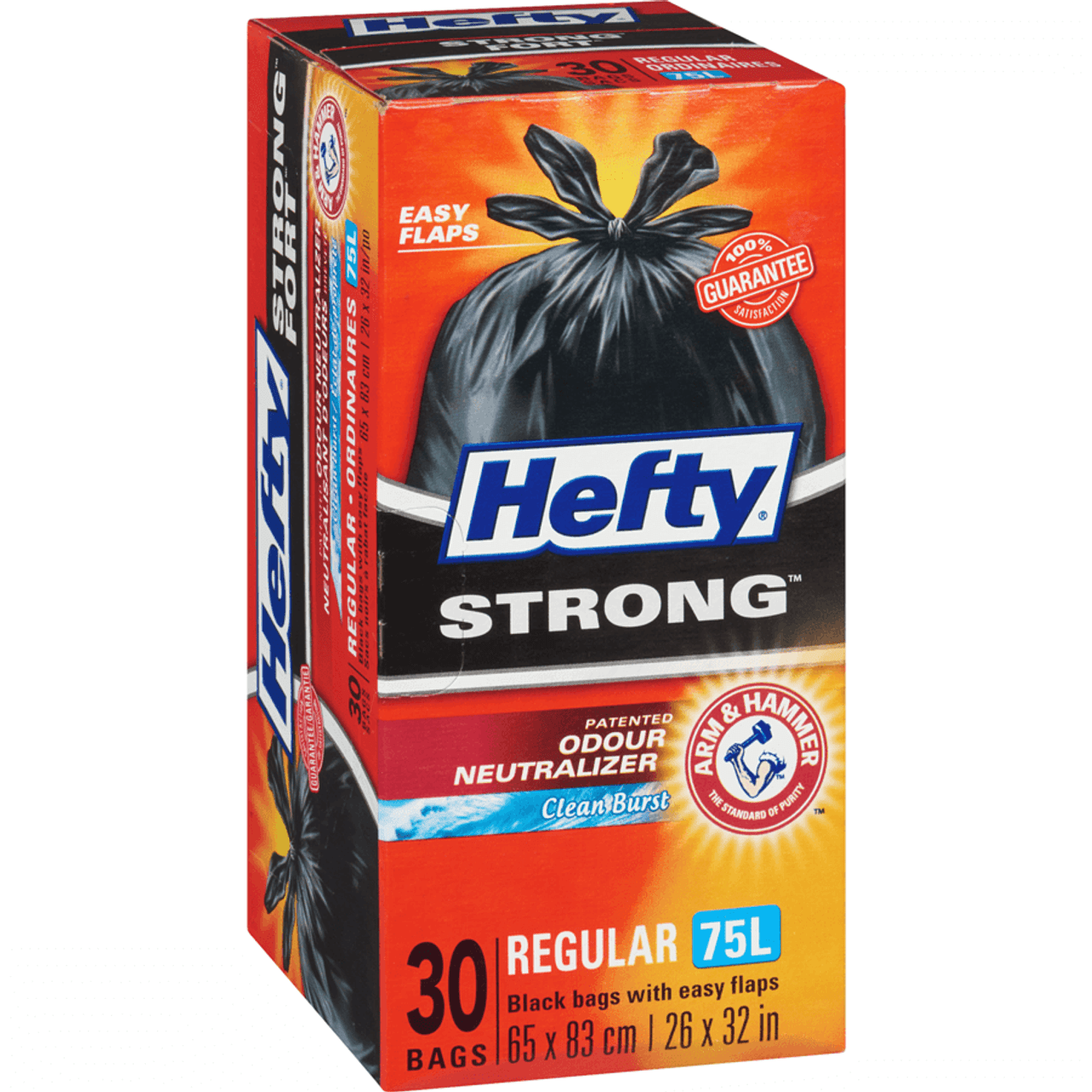HEFTY Strong Regular Easy Flaps Garbage Bags 75 Litres, 30 Bags(8/Case)-Chicken Pieces
