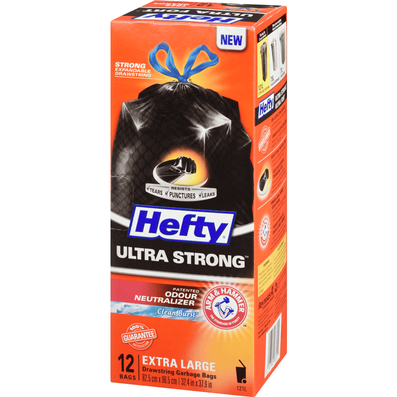 HEFTY Extra Large Drawstring Garbage Bags 121 Litres, 12 Bags(8/Case)-Chicken Pieces