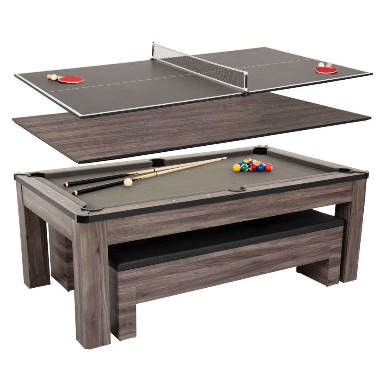 Atomic Hampton 7' Gray Wood Billiard Table Set with Benches and Accessories-Chicken Pieces