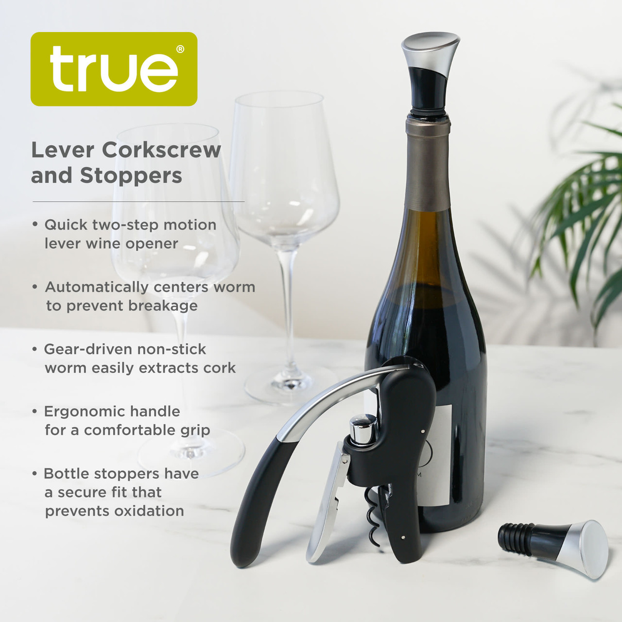 Lever Corkscrew and Stoppers, Set of 3 in SIOC pkg by True