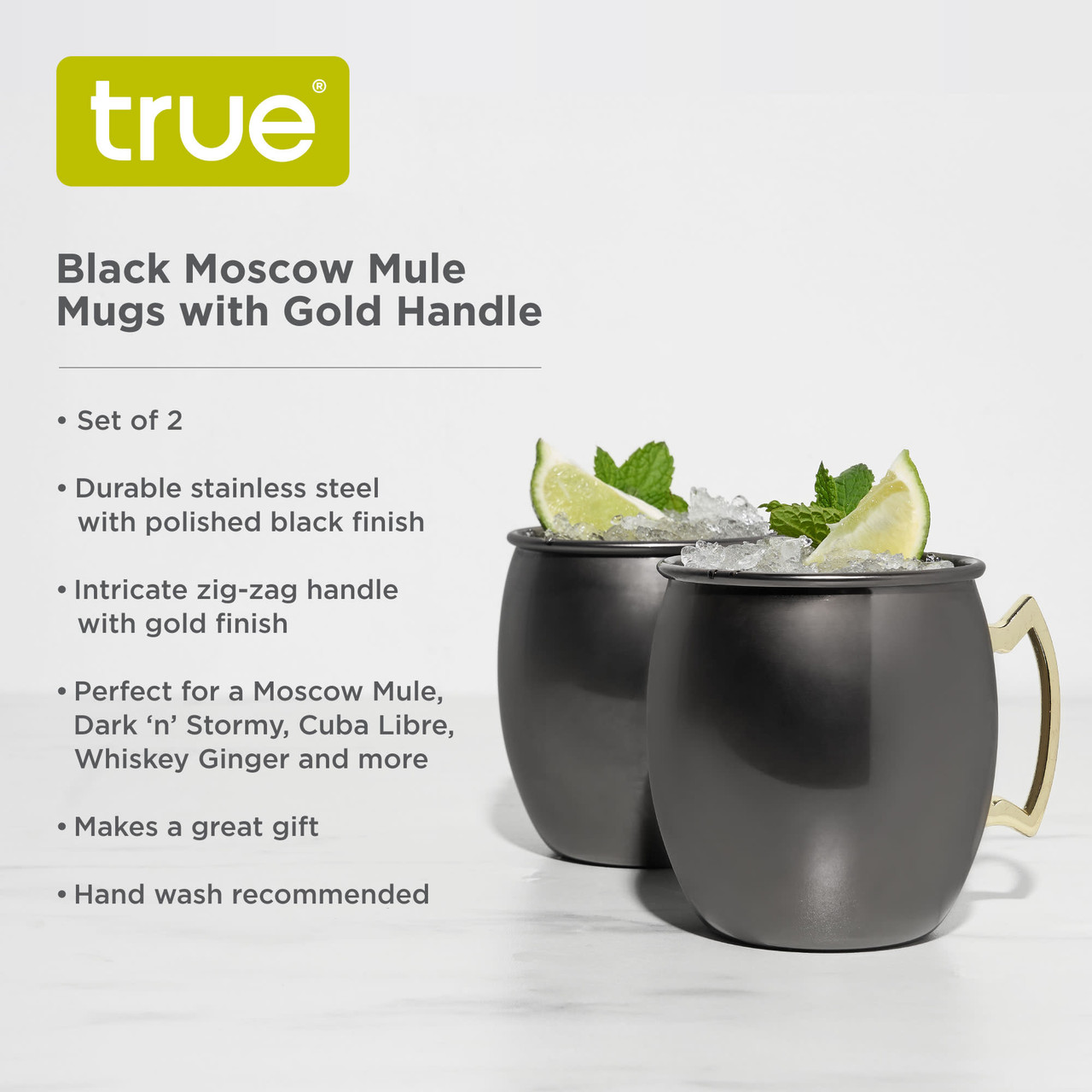 Black Moscow Mule Mug with Gold Handle, 2 Pack, by True