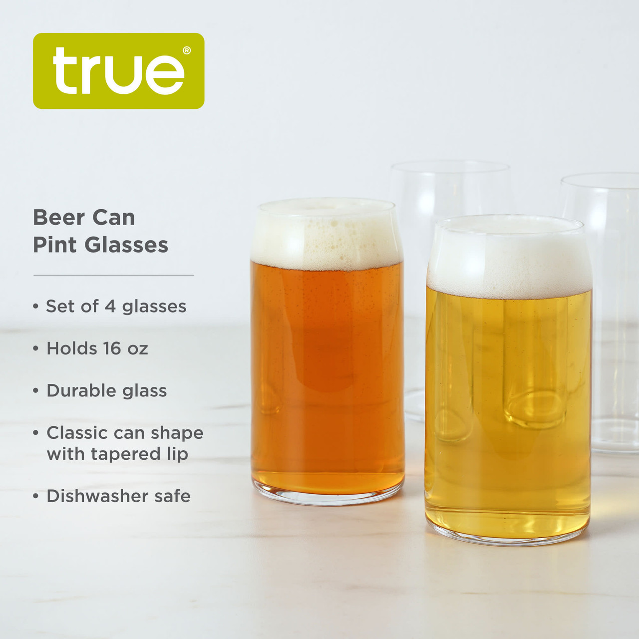 Beer Can Pint Glasses, Set of 4 by True