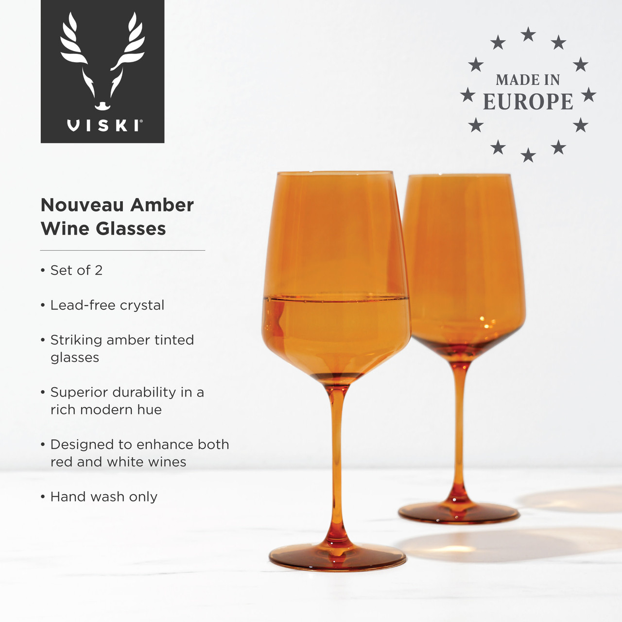 Reserve Nouveau Crystal Wine Glasses in Amber By Viski (set