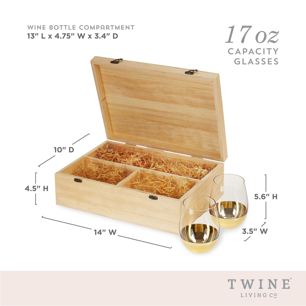 Wood Wine Box with Set of 2 Stemless Glasses by Twine Living