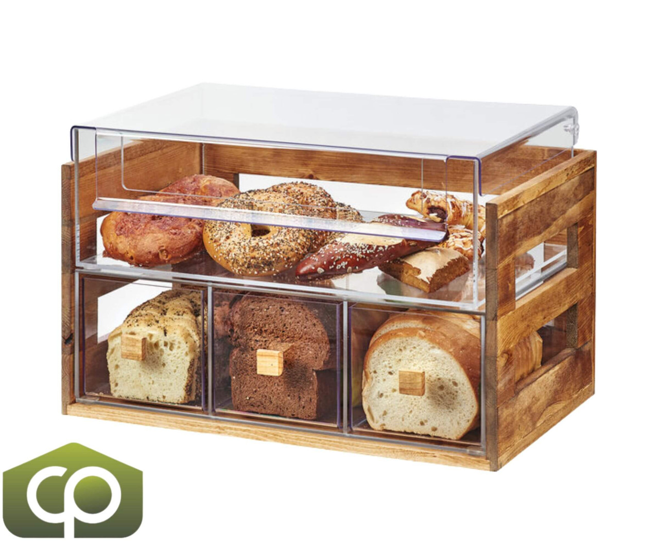 Cal-Mil 20 1/8" x 12 3/4" x 13 1/8" Madera Rustic Pine 2 Tier Bread Display Case-Chicken Pieces