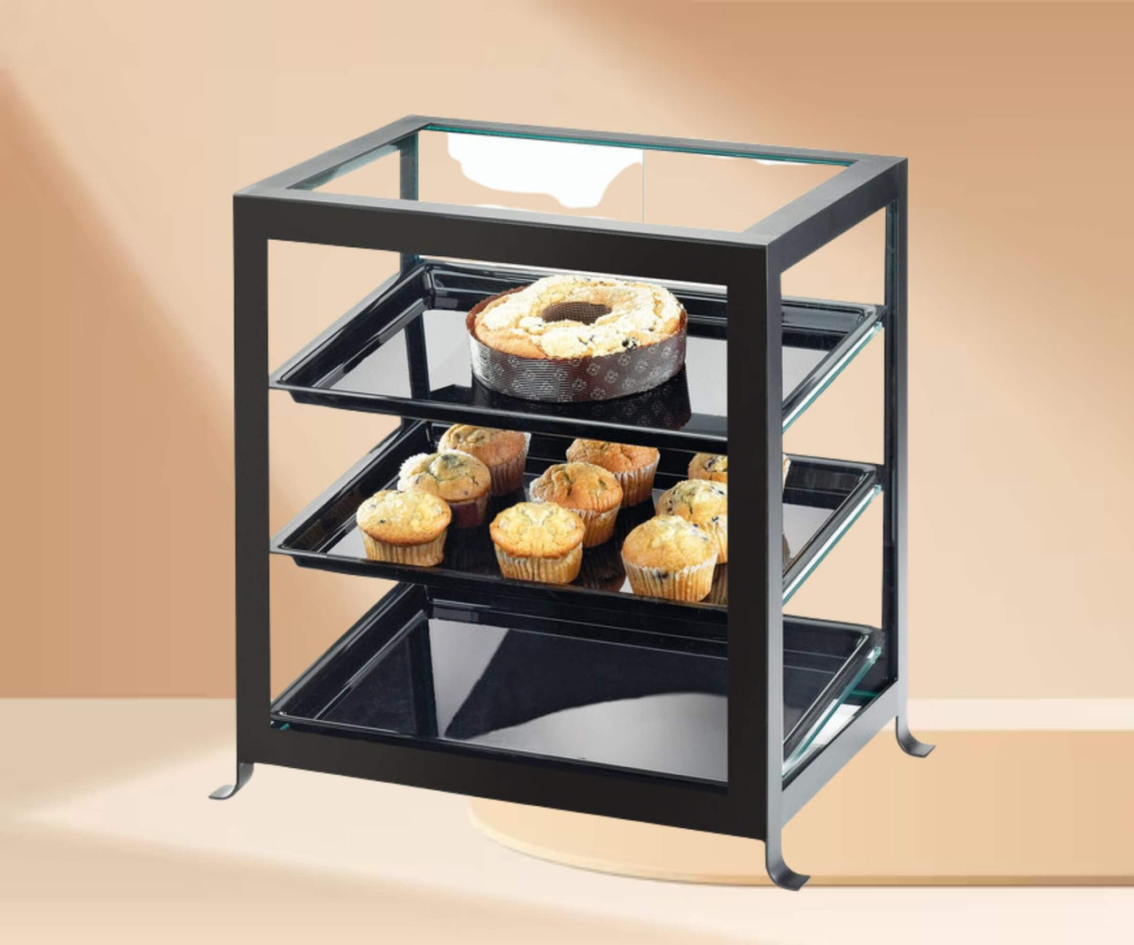 Cal-Mil 21 1/4" x 15 3/4" x 20 3/4" Soho Three Tier Black Display Case-Chicken Pieces