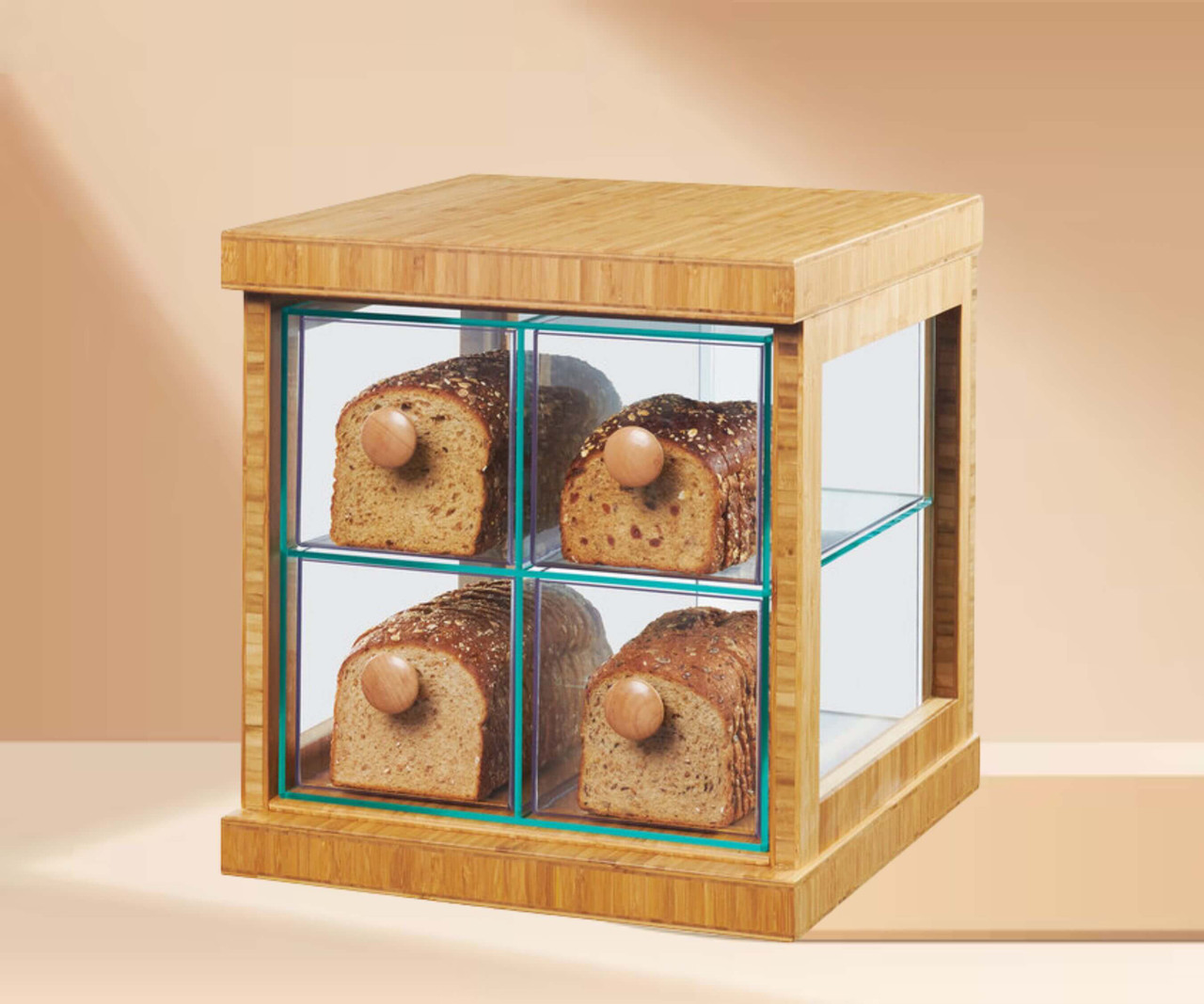 Cal-Mil Natural 16 1/2" x 15" x 15" Bamboo Four Drawer Bread Case-Chicken Pieces