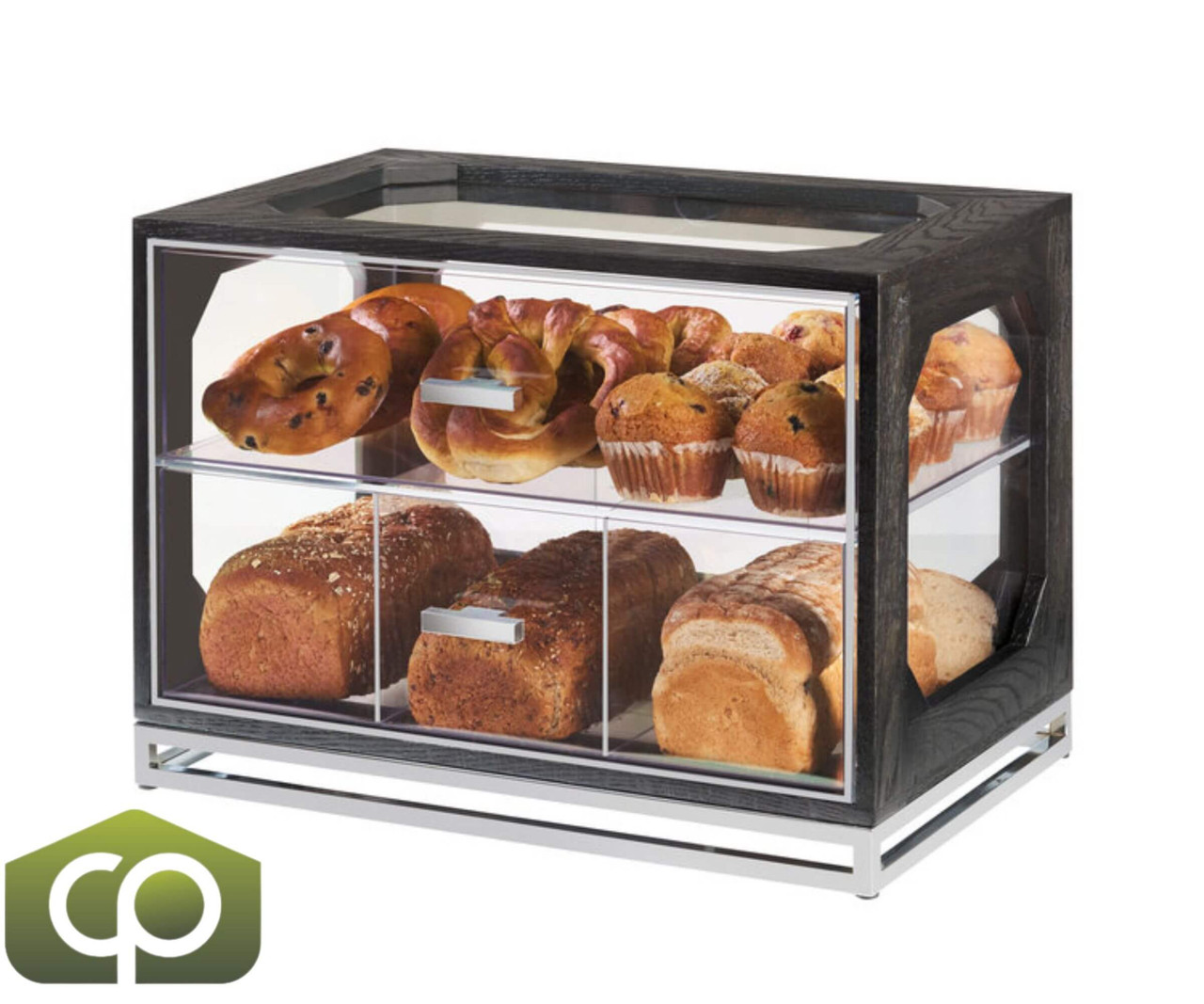 Cal-Mil Cinderwood 20" x 13 1/2" x 15" Four Compartment Oak Wood Bread Case-Chicken Pieces