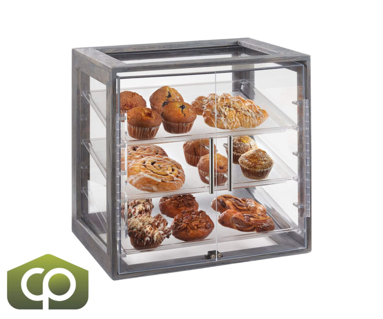 Cal-Mil 20" x 14 3/4" x 20 1/2" Ashwood Gray Oak 3-Tray Acrylic Display Case-Chicken Pieces