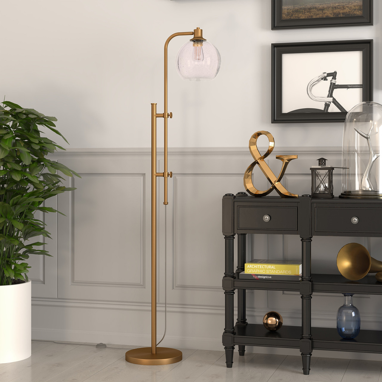 68" Brass Adjustable Reading Floor Lamp With Clear Seeded Glass Globe Shade