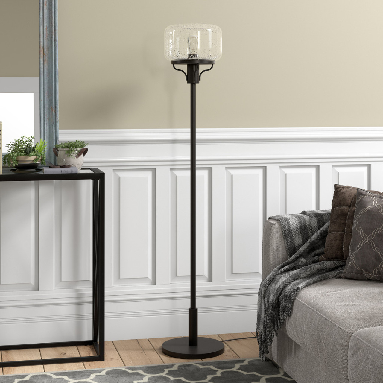 62" Black Novelty Floor Lamp With Clear Seeded Glass Globe Shade