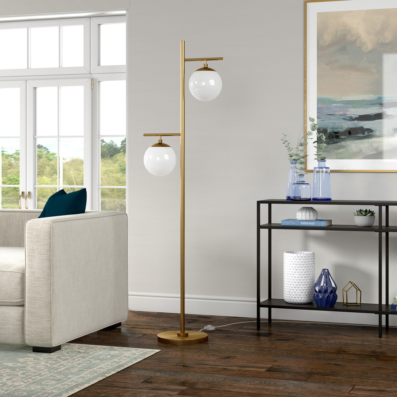 71" Brass Two Light Tree Floor Lamp With White Frosted Glass Globe Shade