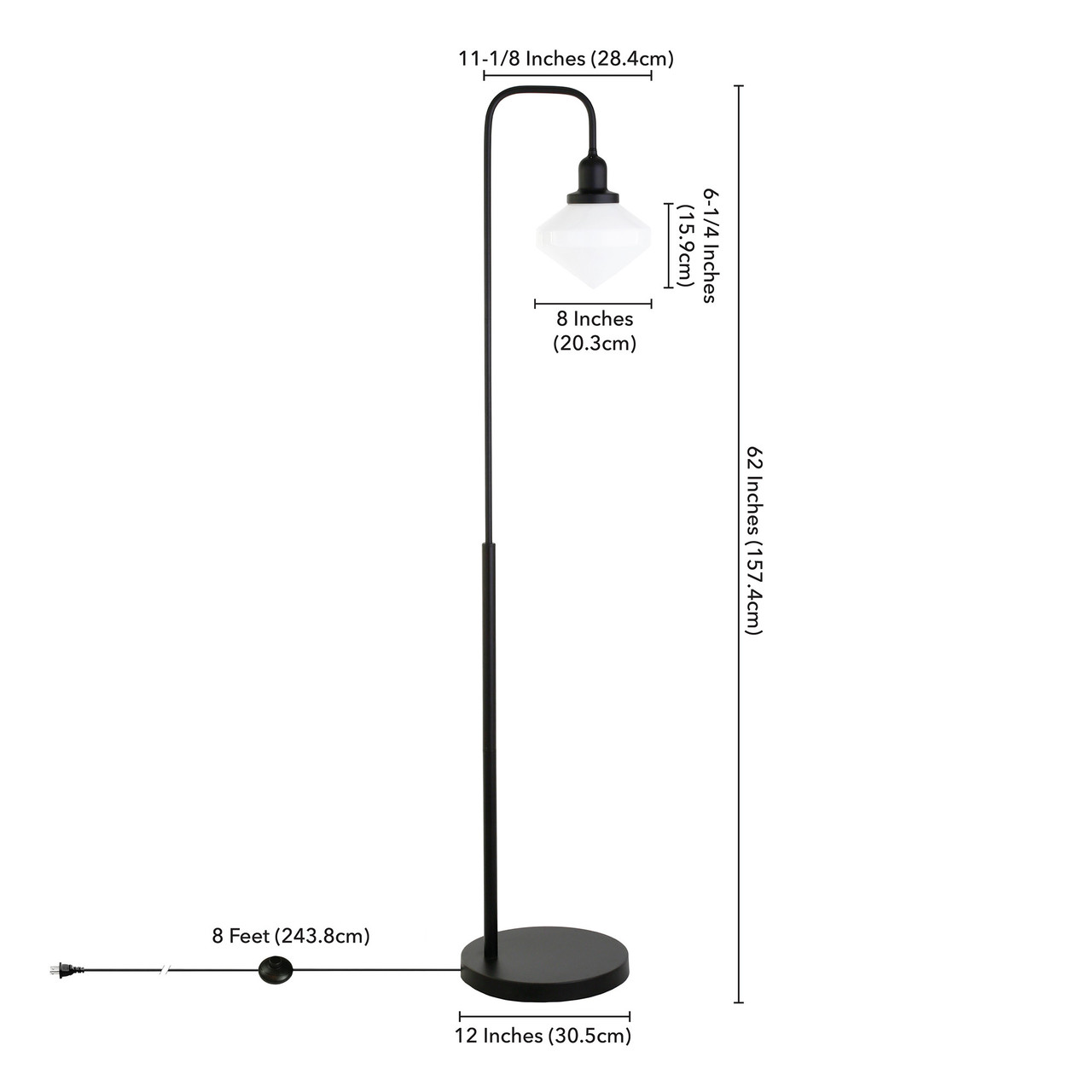 62" Black Arched Floor Lamp With White Frosted Glass Shade