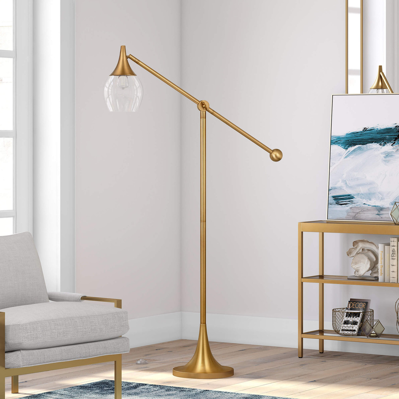 59" Brass Reading Floor Lamp With Clear Transparent Glass Empire Shade - Chicken Pieces