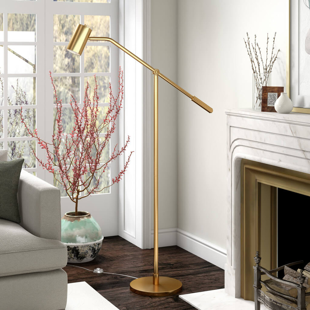 60" Brass Swing Arm Floor Lamp With Brass Drum Shade - Chicken Pieces