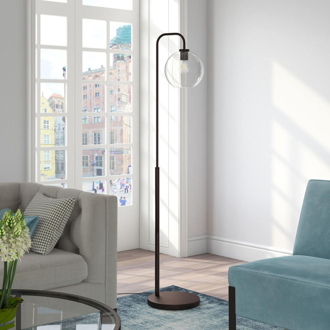 62" Black Arched Floor Lamp With Clear Transparent Glass Globe Shade