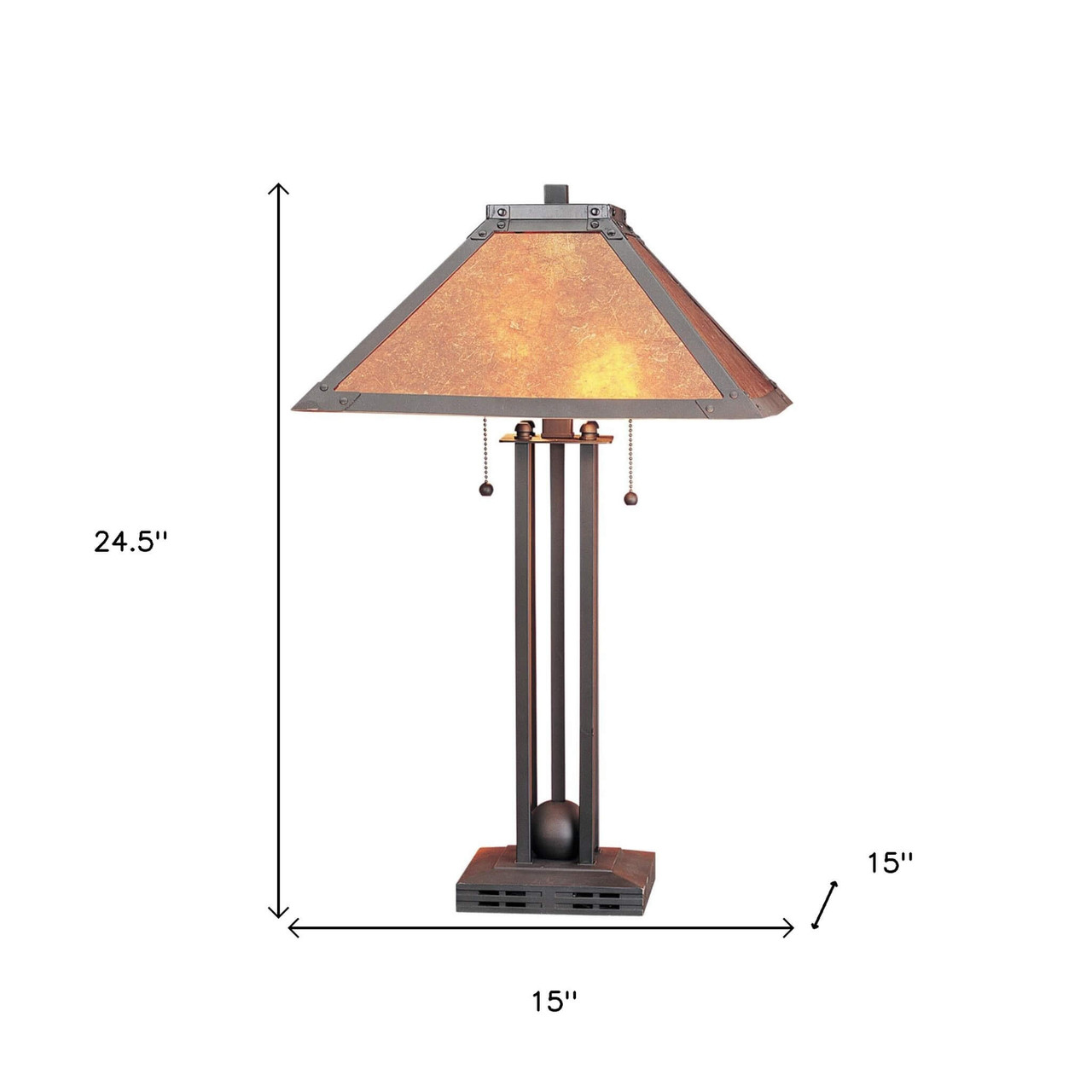 25" Rust Metal Two Light Table Lamp With Amber Square Shade