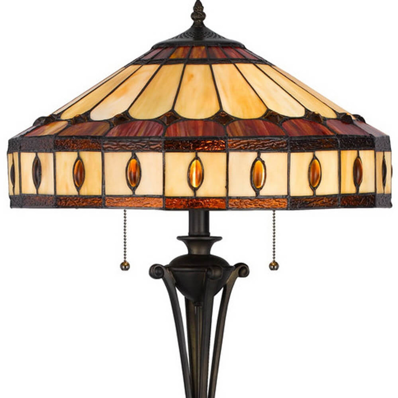 61" Bronze Two Light Traditional Shaped Floor Lamp With Purple And Ivory Abstract Tiffany Glass Empire Shade