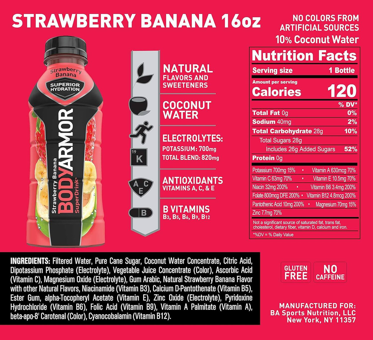 BODYARMOR Sports SuperDrink Coconut Water Hydration Strawberry Banana 473ml/16 fl oz -12 PACK