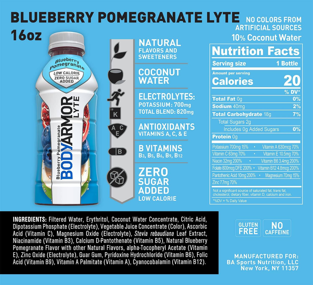 BODYARMOR Sports SuperDrink Coconut Water Hydration Blueberry Pomegranate Lyte 473ml Low Calorie-12 PACK