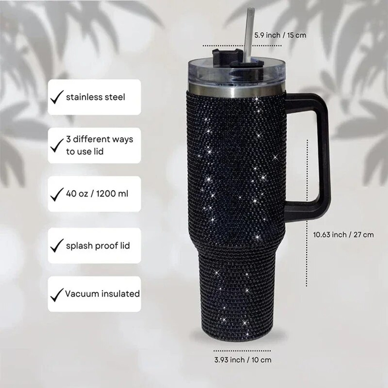 40oz Rhinestone Embellished Coffee Mug Stylish Luxury With Handle Lid Straw Tumbler Drinkware Thermos Stainless Steel Vacuum Cup