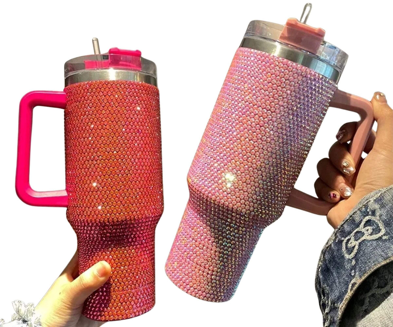 40oz Rhinestone Embellished Coffee Mug Stylish Luxury With Handle Lid Straw Tumbler Drinkware Thermos Stainless Steel Vacuum Cup