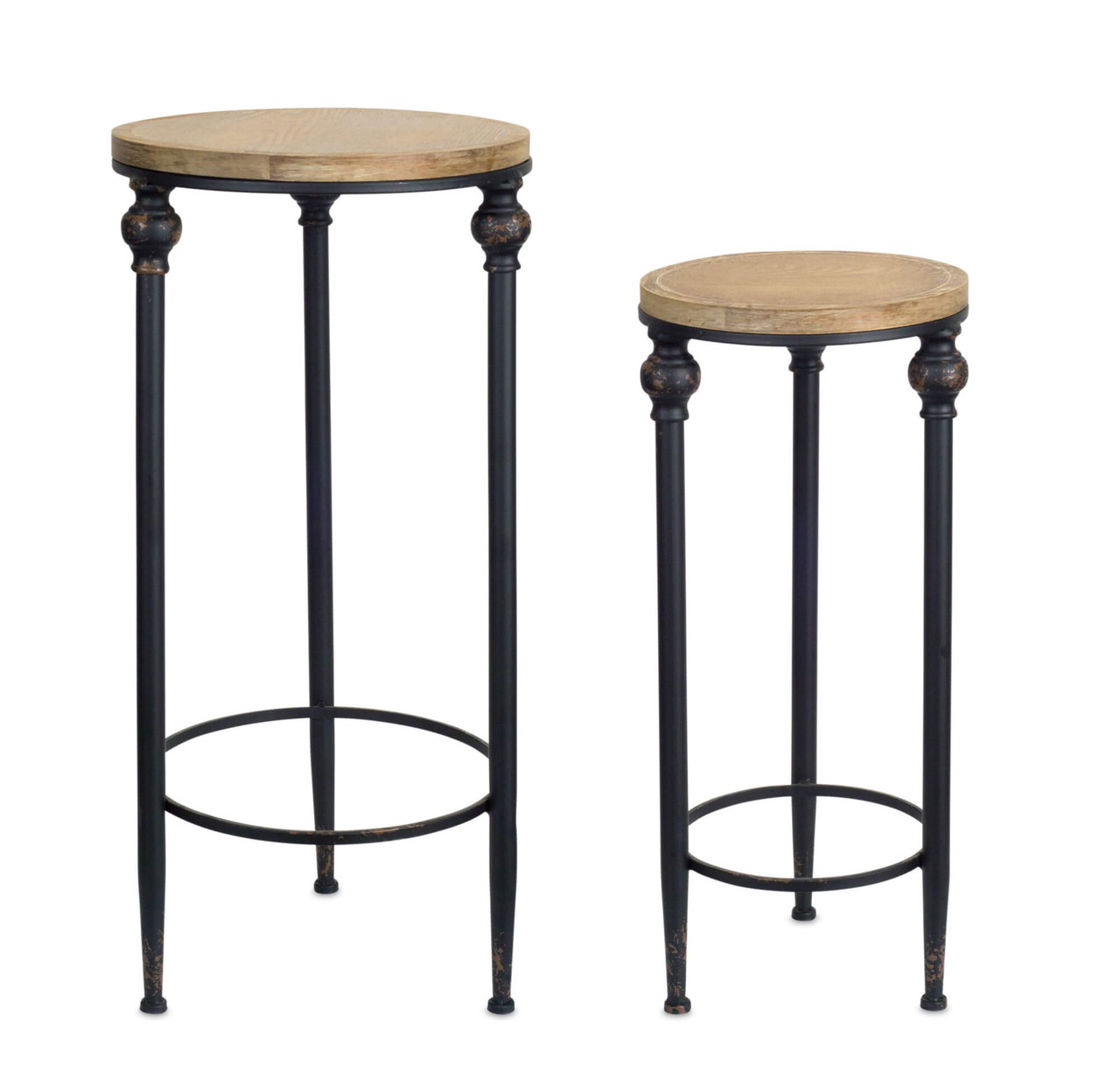 Set Of Two 12" Black And Brown Solid Wood Round End Tables - Chicken Pieces