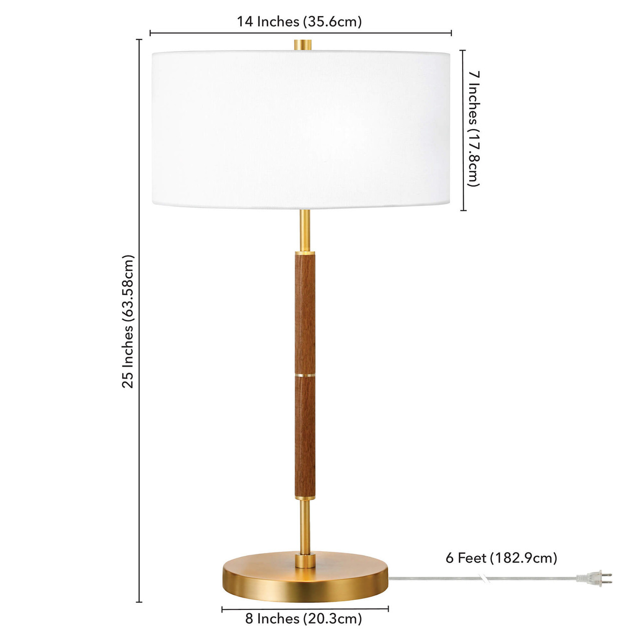 25" Gold Metal Two Light Table Lamp With White Drum Shade