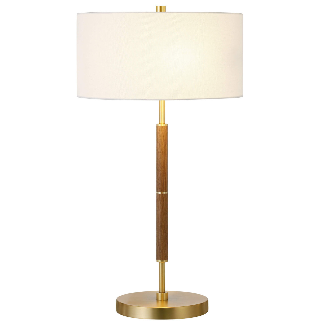 25" Gold Metal Two Light Table Lamp With White Drum Shade