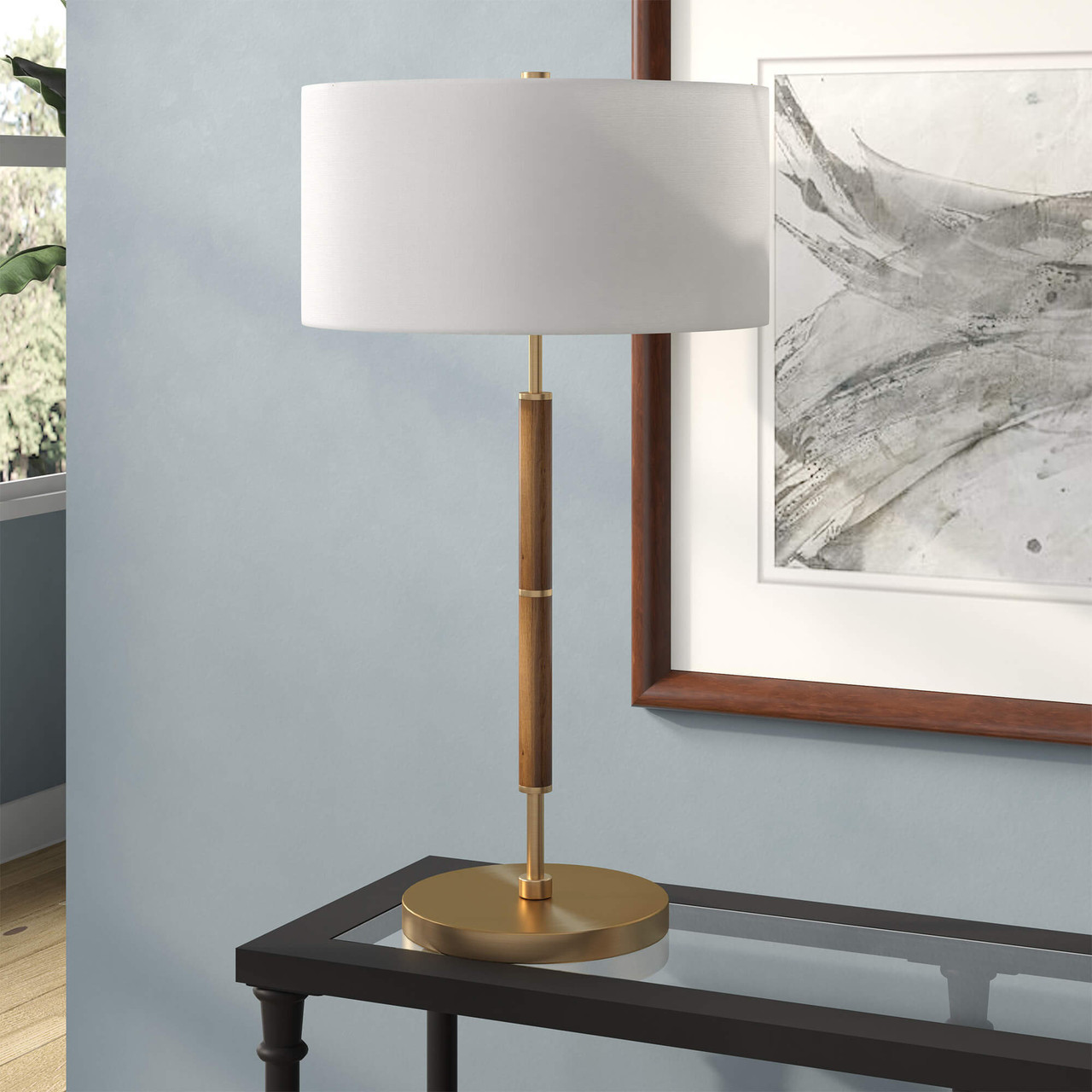 25" Gold Metal Two Light Table Lamp With White Drum Shade