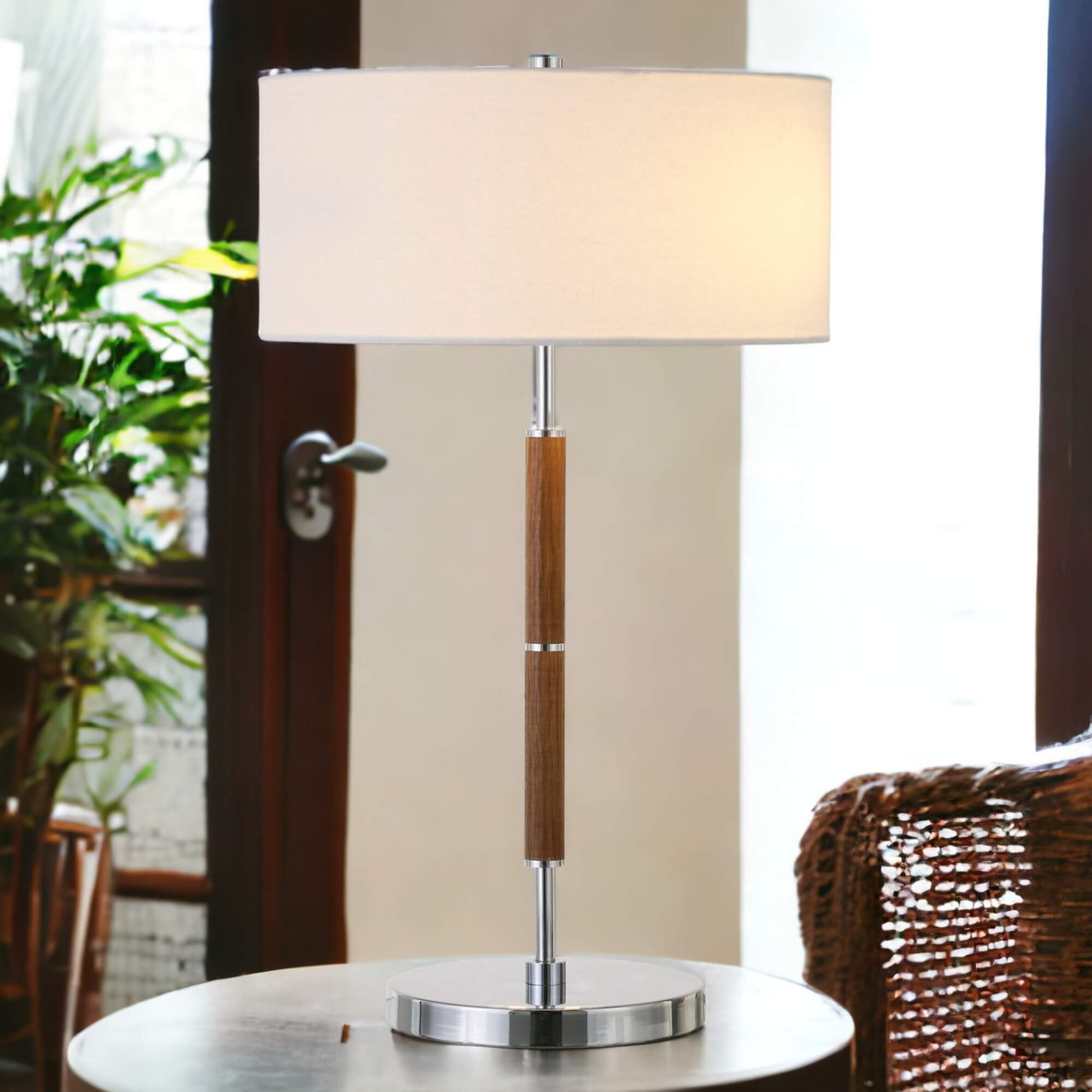 25" Silver and Oak Two Light Table Lamp With White Drum Shade - Chicken Pieces