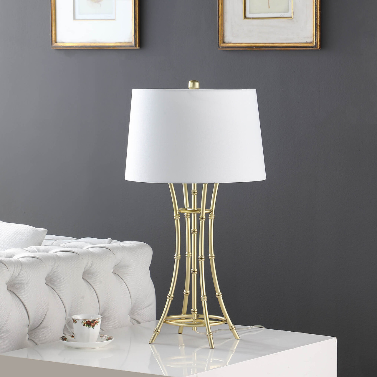 29" Gold Bamboo Design Table Lamp With Off White Drum Shade - Chicken Pieces