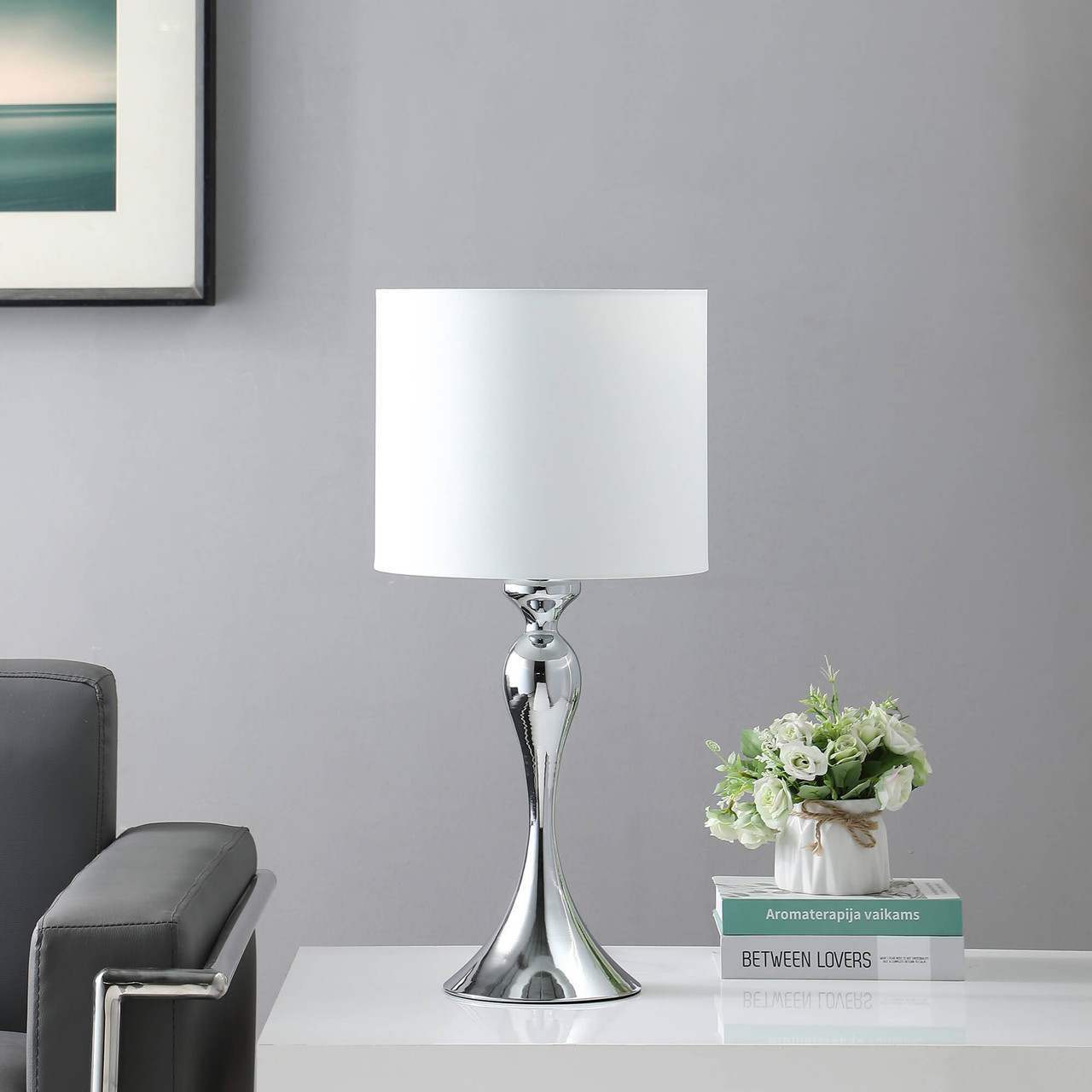 25" Silver Sleek Table Lamp With Off White Drum Shade - Chicken Pieces