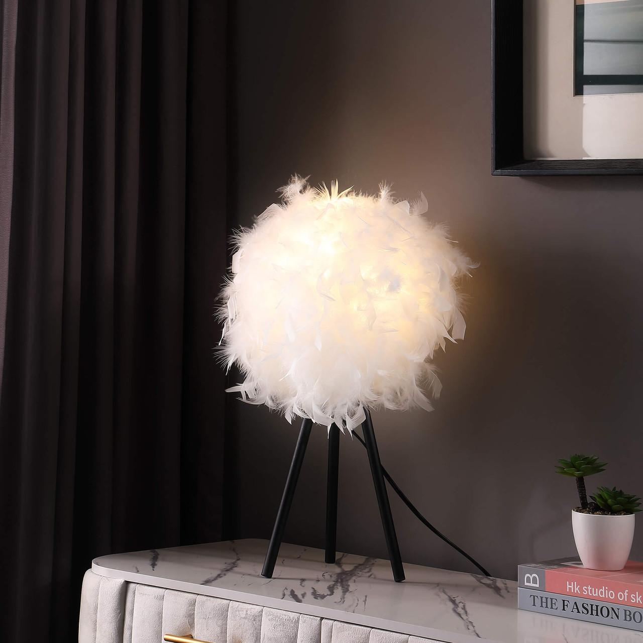 21" Black and White Faux Feather Tripod Table Lamp - Chicken Pieces