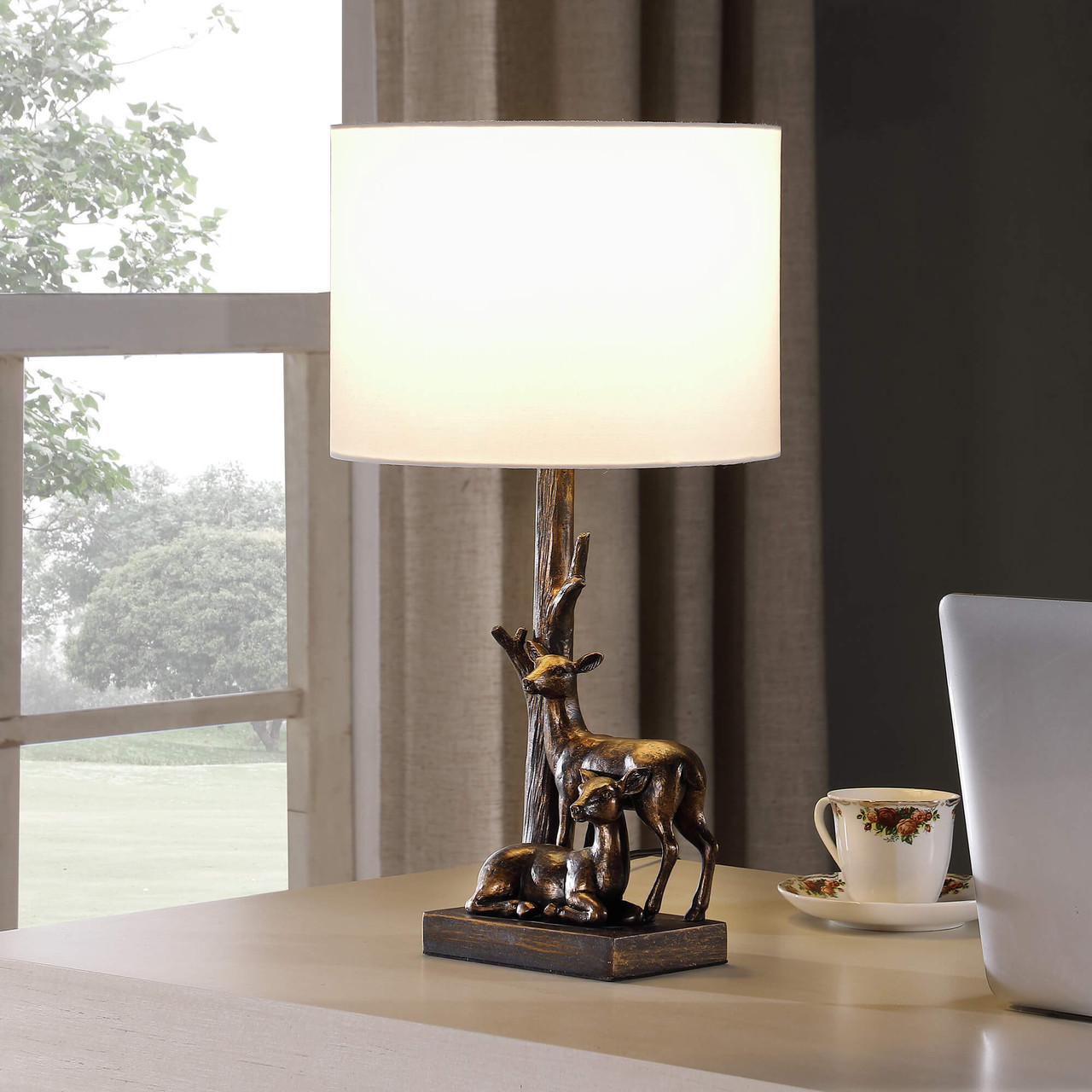 20" Bronze Mom and Baby Deer Table Lamp With White Drum Shade - Chicken Pieces