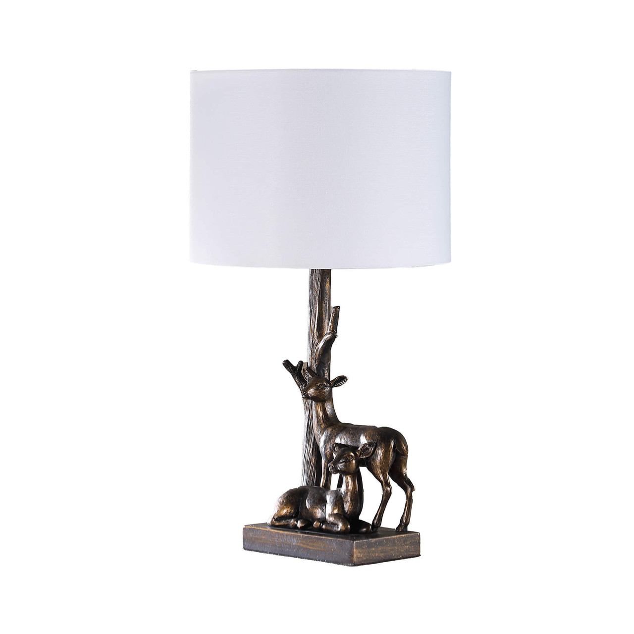 20" Bronze Mom and Baby Deer Table Lamp With White Drum Shade - Chicken Pieces