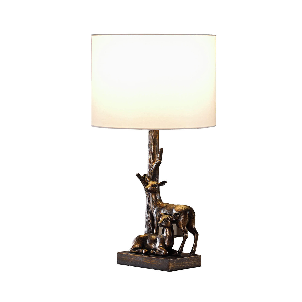 20" Bronze Mom and Baby Deer Table Lamp With White Drum Shade - Chicken Pieces