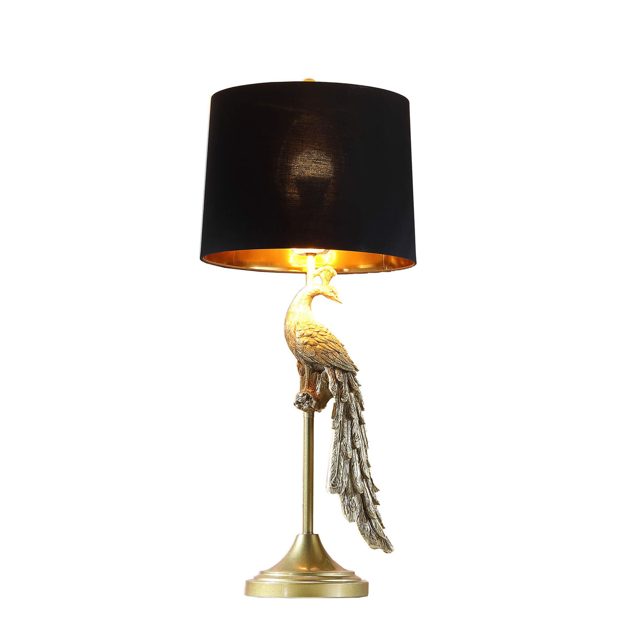 29" Gold Peacock Table Lamp With Black Drum Shade - Chicken Pieces