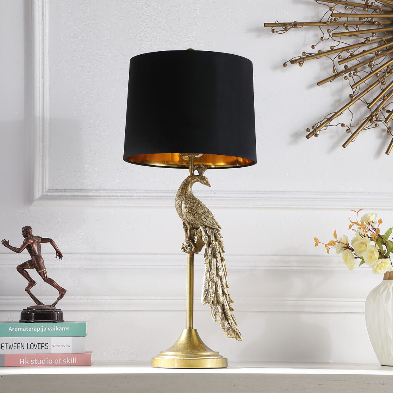 29" Gold Peacock Table Lamp With Black Drum Shade - Chicken Pieces