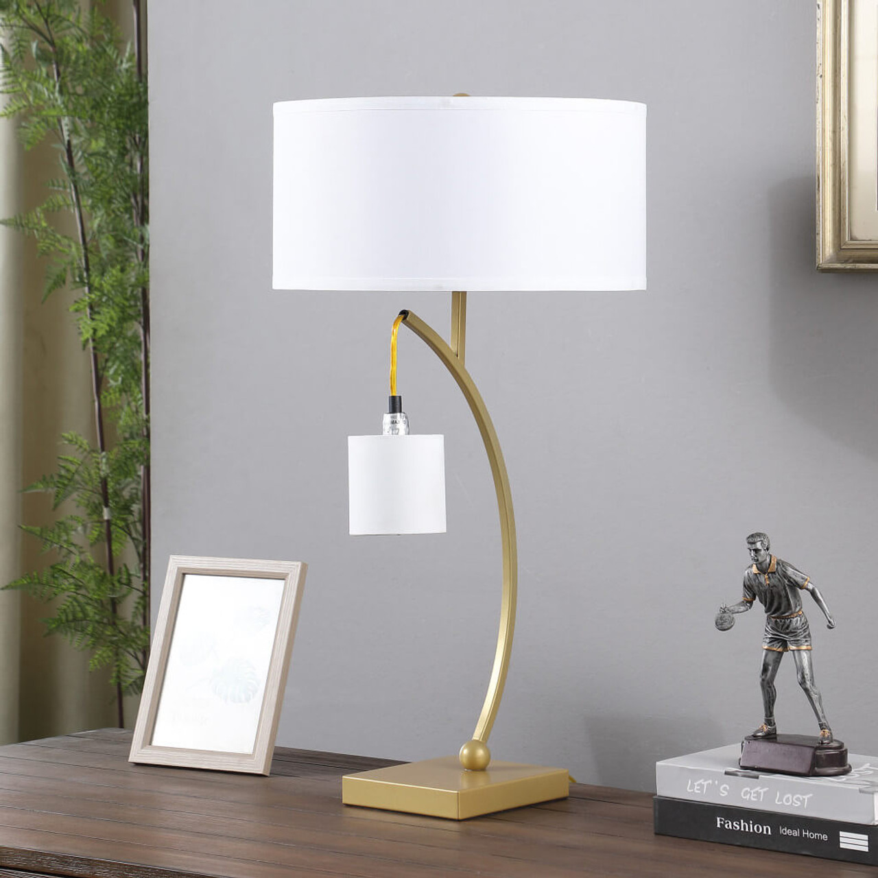 29" Gold Metal Two Light Arched Table Lamp With White Drum Shade - Chicken Pieces