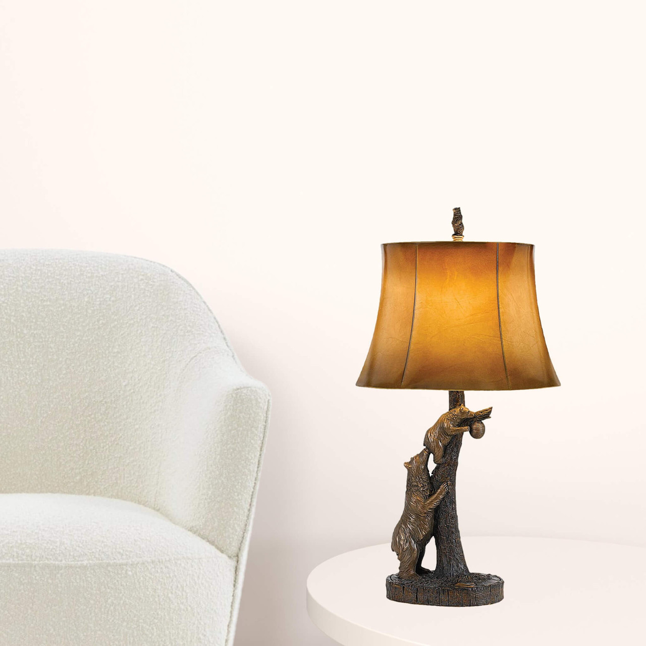 31" Bronze Bears After the Honey Table Lamp With Brown Faux Leather Shade - Chicken Pieces