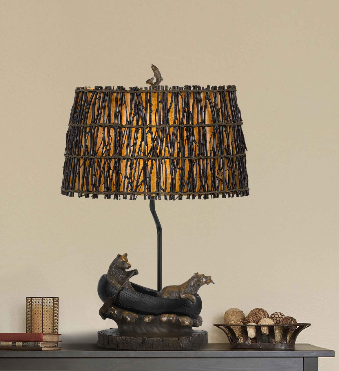 27" Bronze Bears in the Boat Table Lamp With Brown Novelty Shade - Chicken Pieces